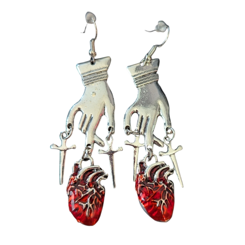 Heart, Dagger, and Hands Silvertone Earrings NWT